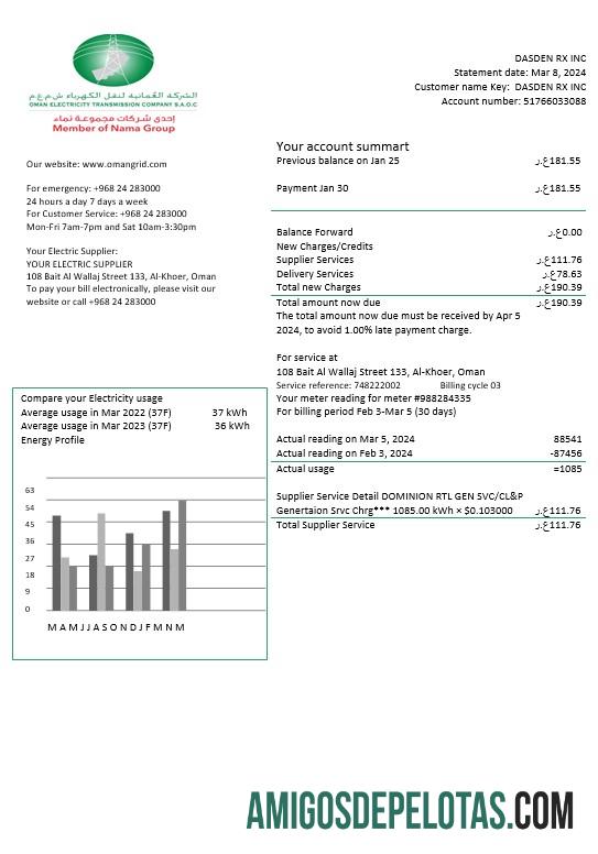 imprimível Modelo de conta de serviços públicos de eletricidade da empresa de transmissão de eletricidade de Omã em formatos Word e PDF